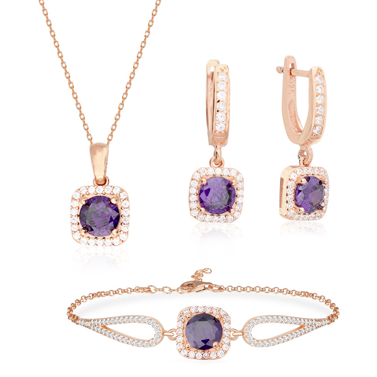 925 Ayar Gümüş Ametist Kare Pırlanta Modeli Takı Seti