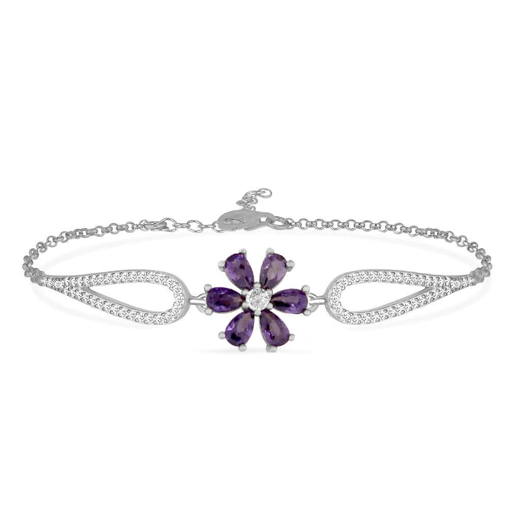 925 Ayar Gümüş Ametist Taşlı Çiçek Bileklik