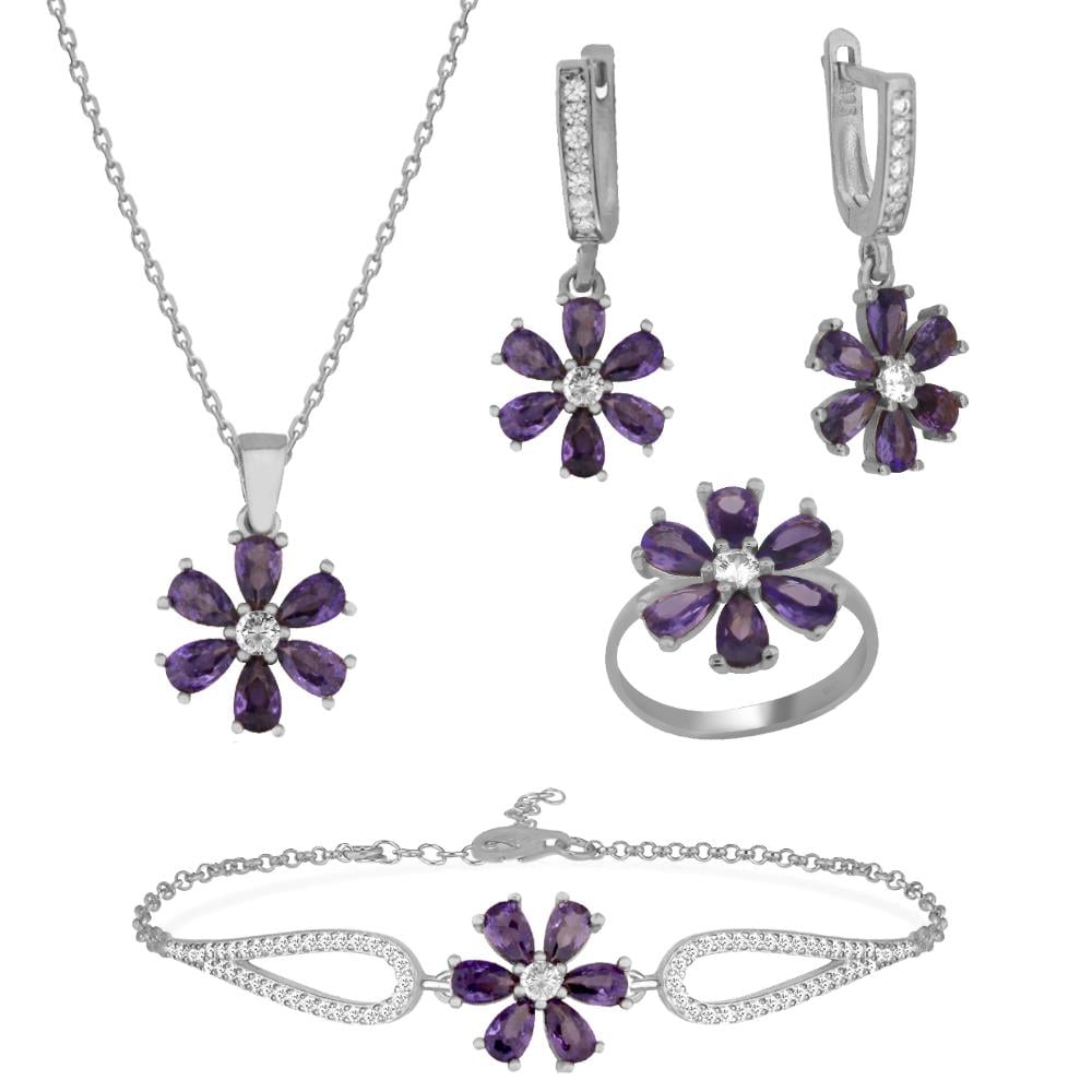 925 Ayar Gümüş Ametist Taşlı Çiçek Takı Seti