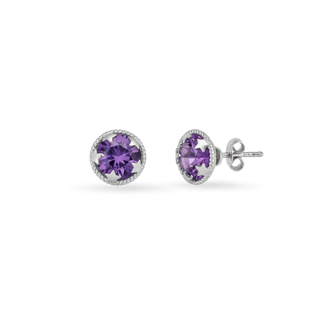 925 Ayar Gümüş Ametist Yıldız Detaylı Çivili Küpe