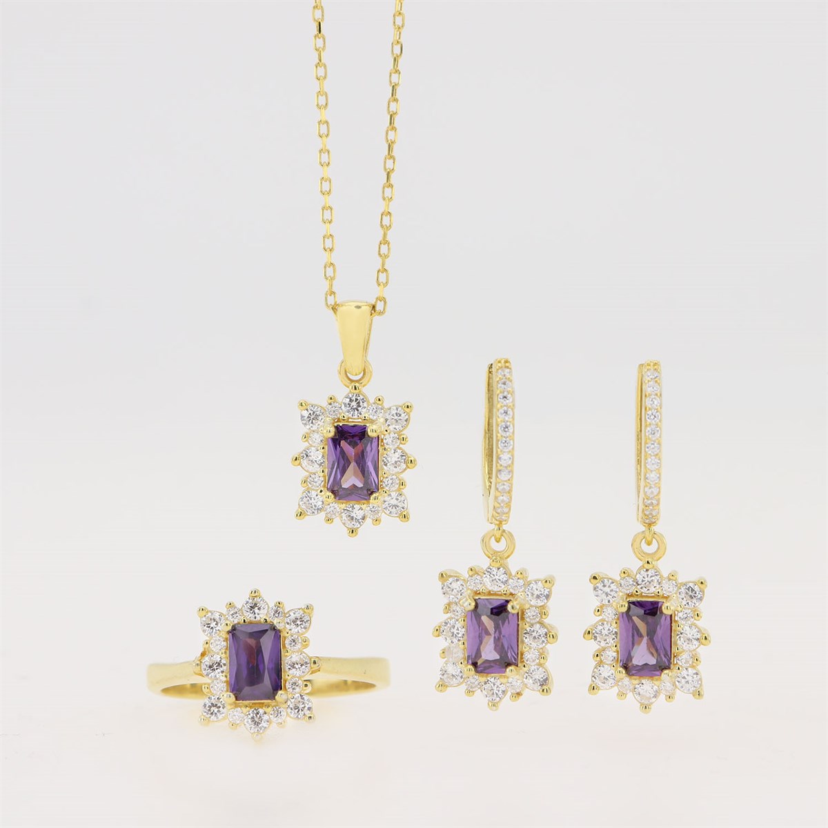 925 Ayar Gümüş Baget Ametist Taşlı Gold Anturaj Set