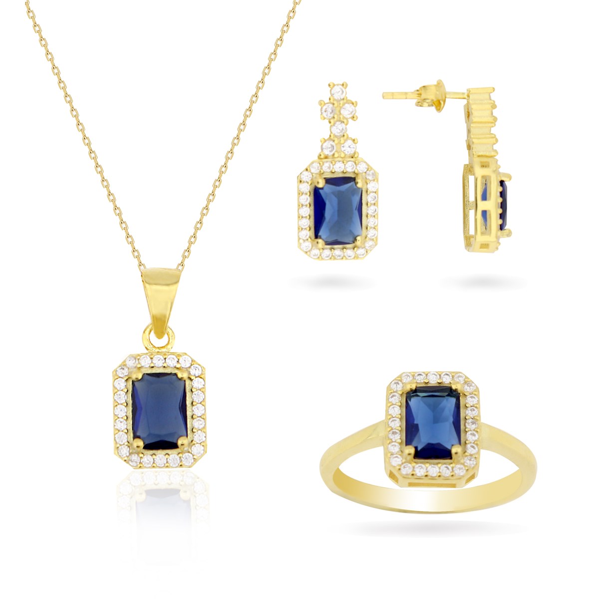 925 Ayar Gümüş Baget Takı Seti Safir 3'lü Set