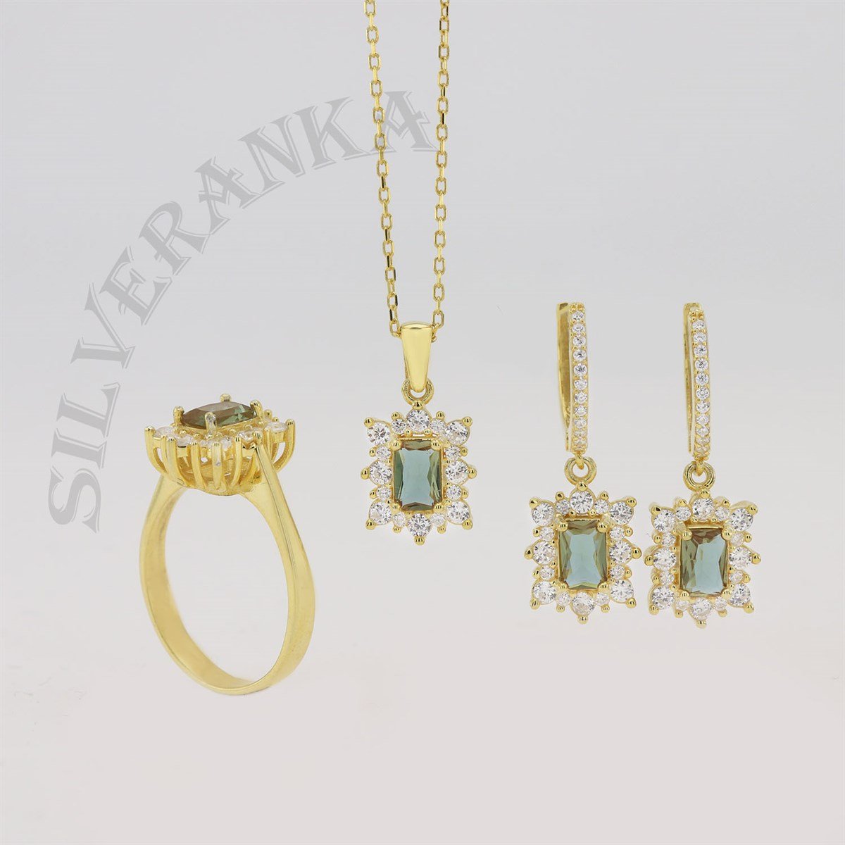 925 Ayar Gümüş Baget Zultanıt Taşlı Gold Anturaj Set