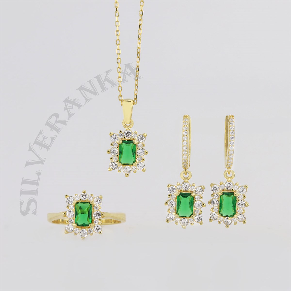 925 Ayar Gümüş Baget Zümrüt Yeşili Gold Anturaj Set