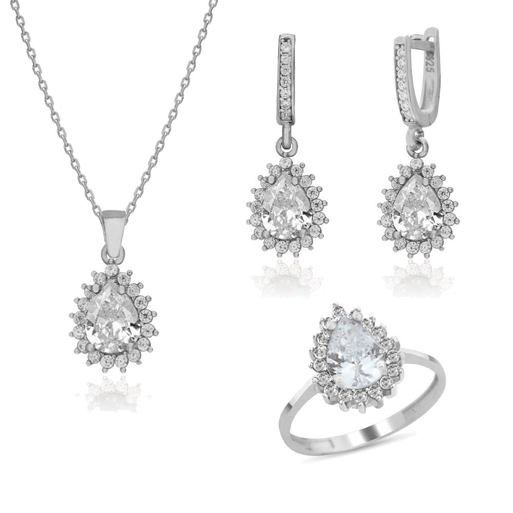 925 Ayar Gümüş Beyaz Damla Anturaj Takı Seti