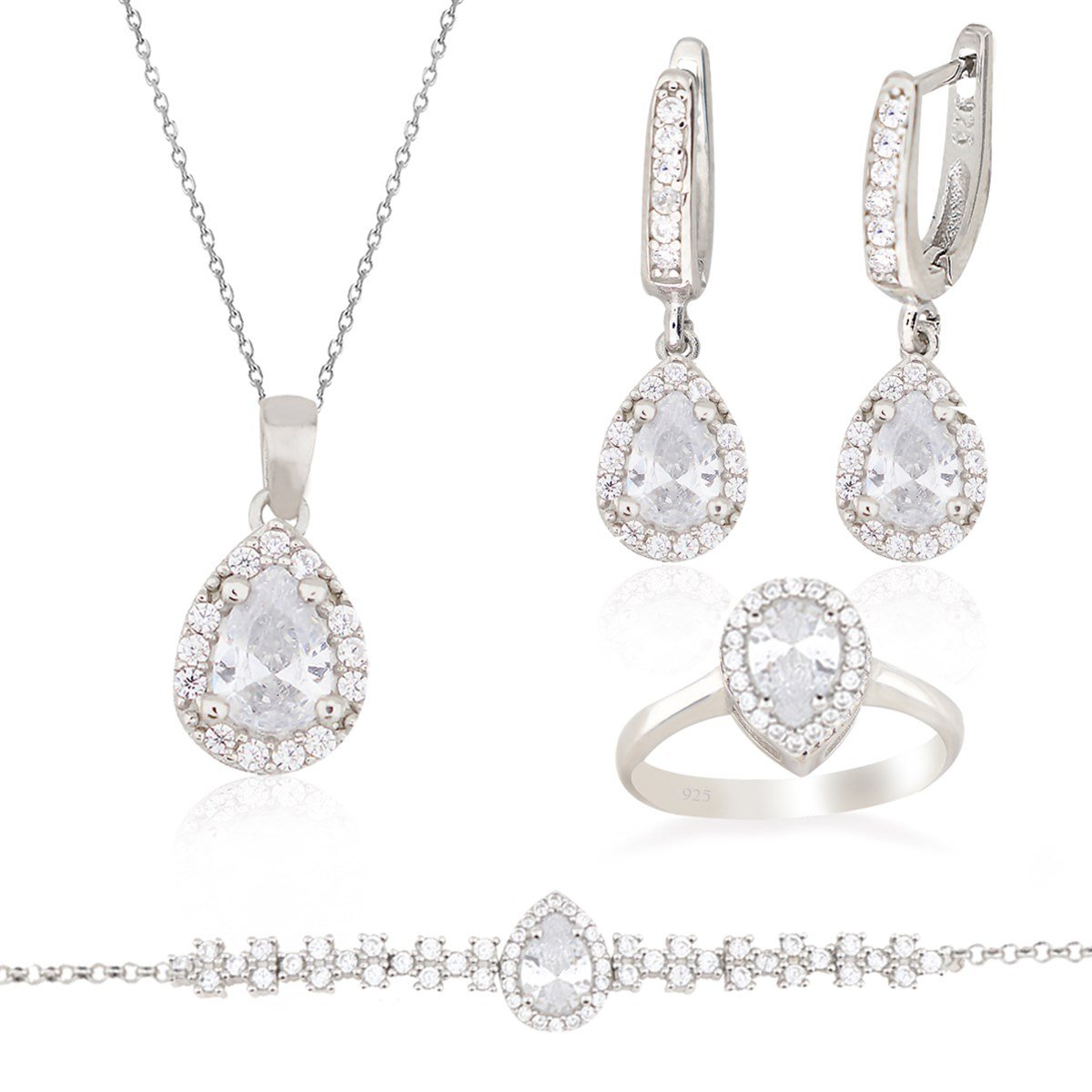 925 Ayar Gümüş Beyaz Damla Taş Takı Seti