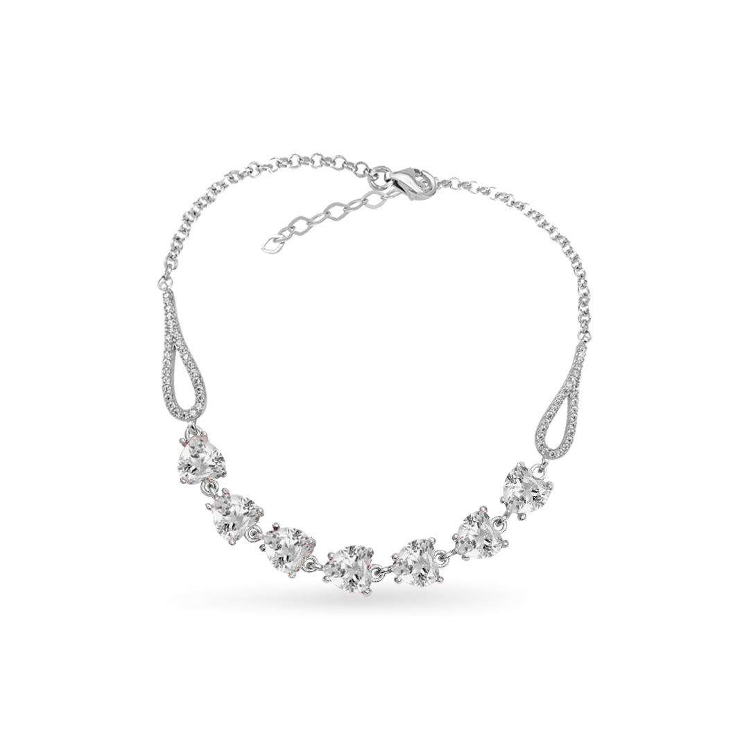 925 Ayar Gümüş Beyaz Kalp Taşlı Su Yolu Bileklik