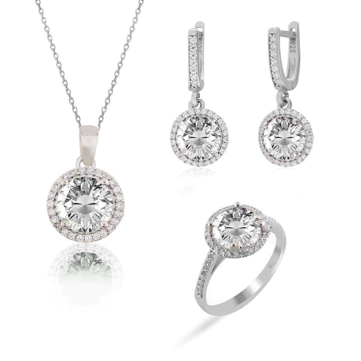 925 Ayar Gümüş Beyaz Yuvarlak Taşlı Takı Seti