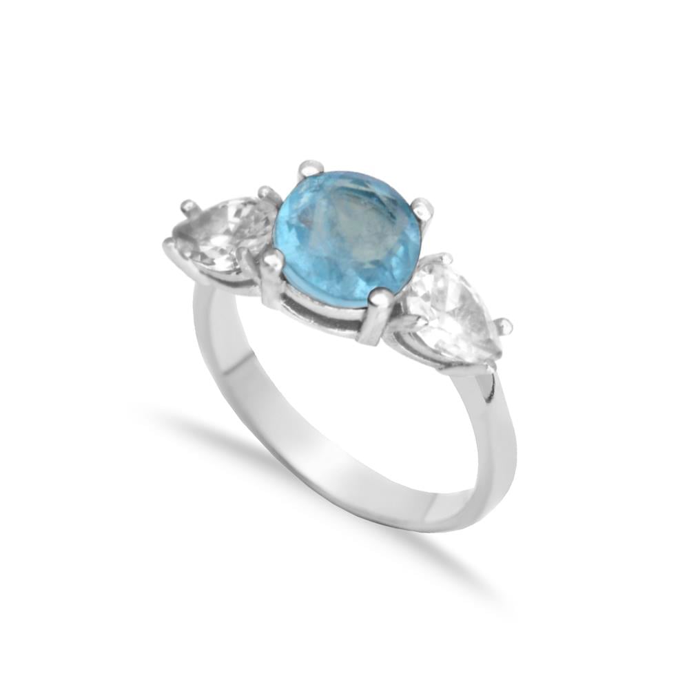 925 Ayar Gümüş Blue Topaz Elmas Kesim Yuvarlak Taşlı Yüzük