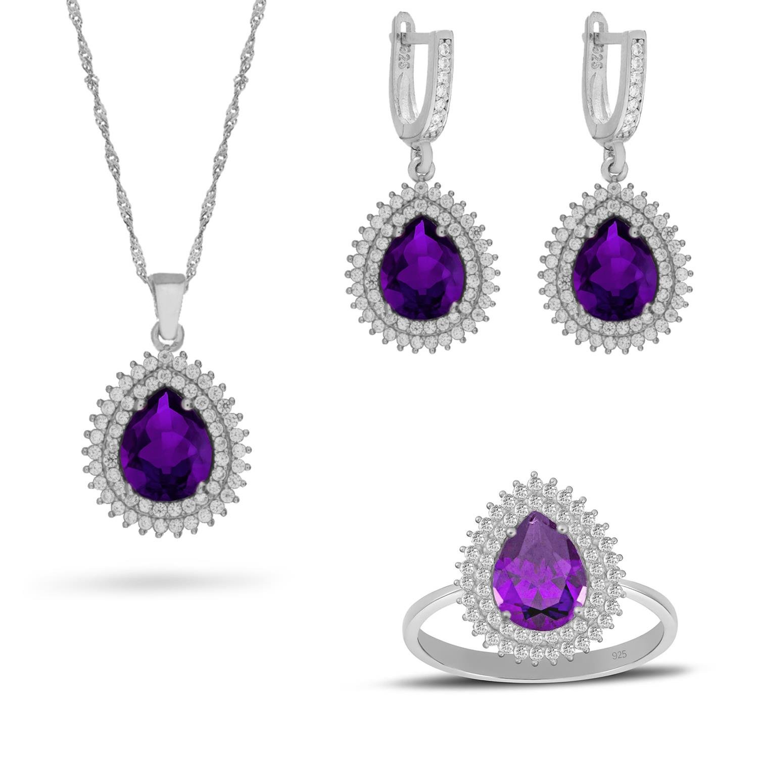 925 Ayar Gümüş Çift Sıra Ametist Taşlı Damla Takı Seti