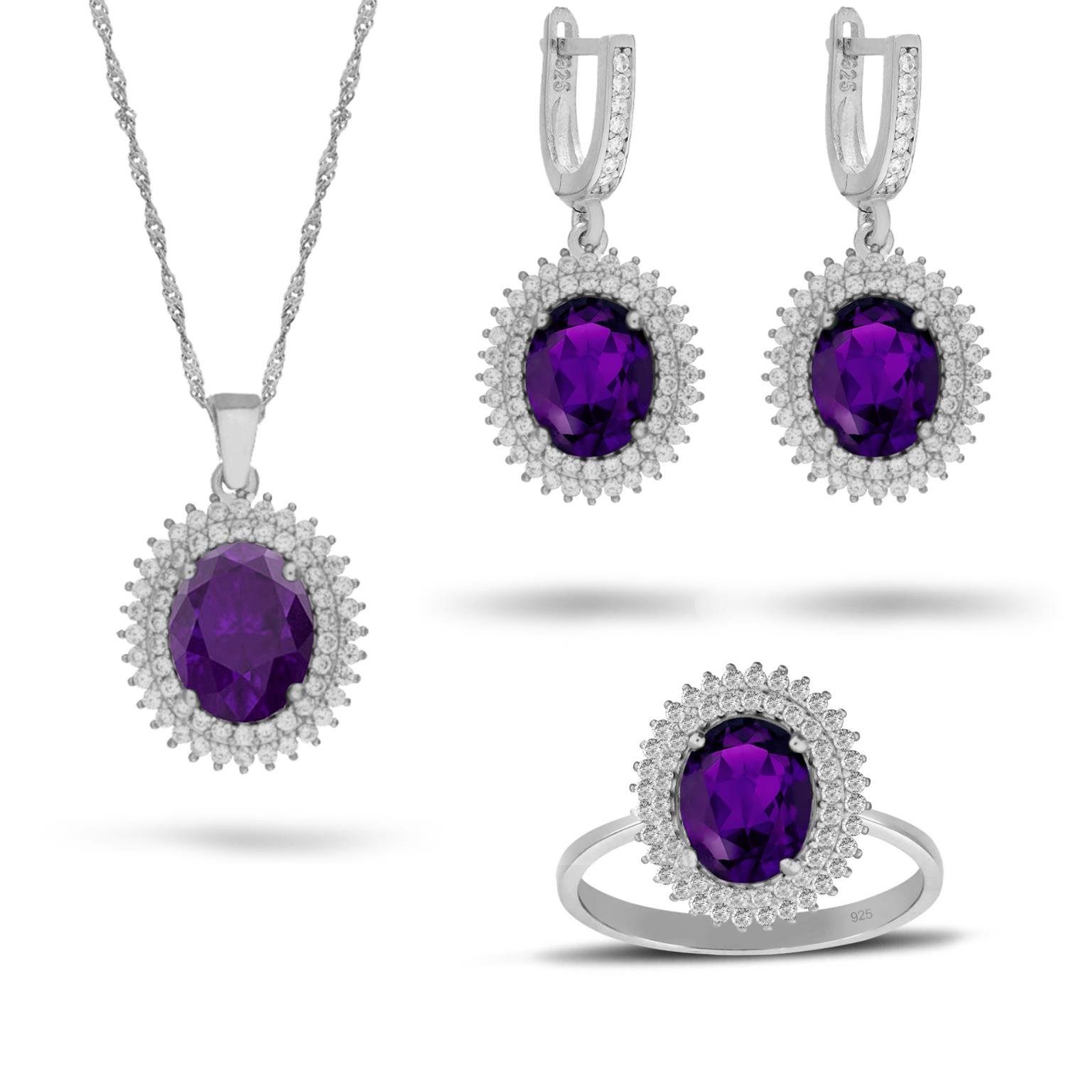 925 Ayar Gümüş Çift Sıra Ametist Taşlı Oval Takı Seti