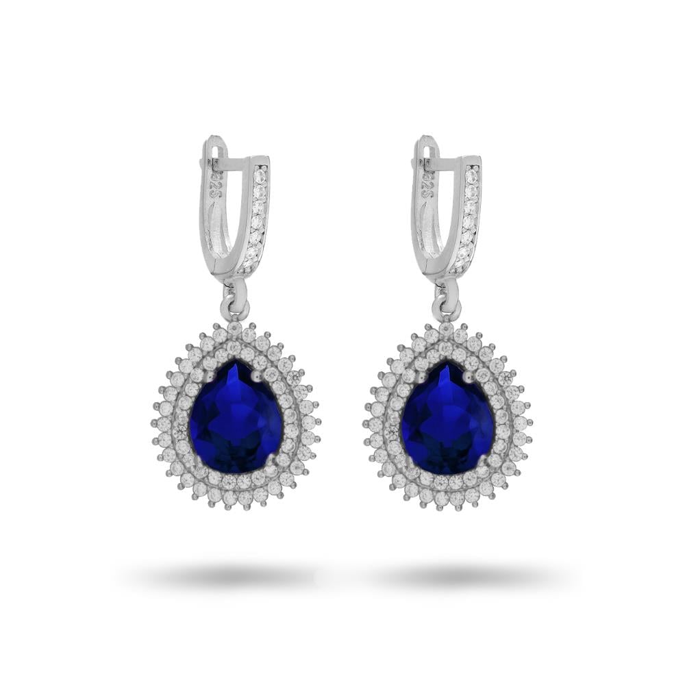 925 Ayar Gümüş Çift Sıra Kristal Safir Taşlı Damla Küpe