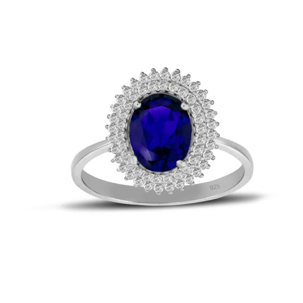 925 Ayar Gümüş Çift Sıra Kristal Safir  Taşlı Oval Yüzük