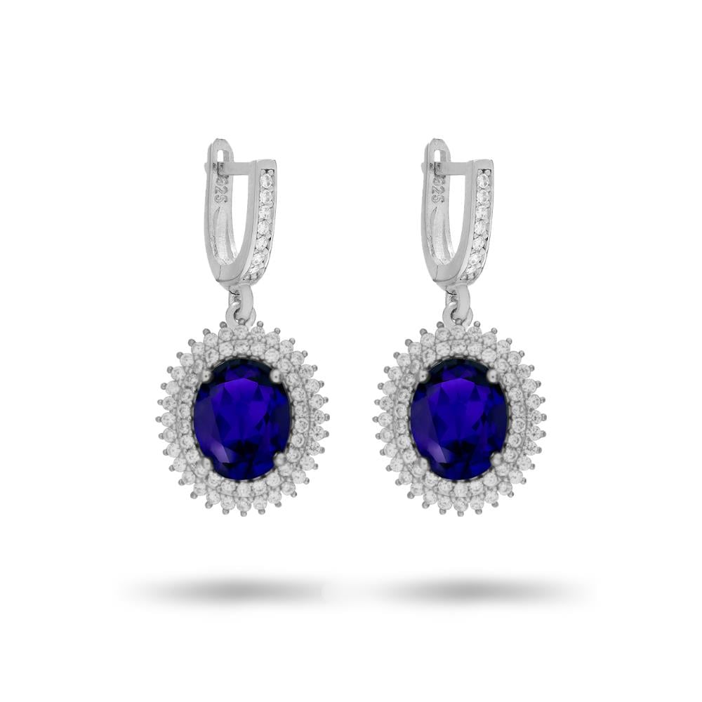 925 Ayar Gümüş Çift Sıra Kristal Safir Taşlı Oval Küpe