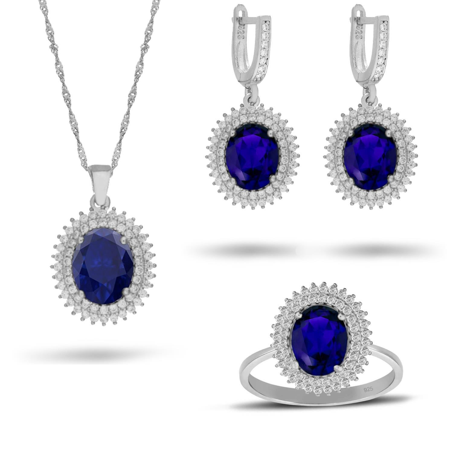 925 Ayar Gümüş Çift Sıra Kristal Safir Taşlı Oval Takı Seti