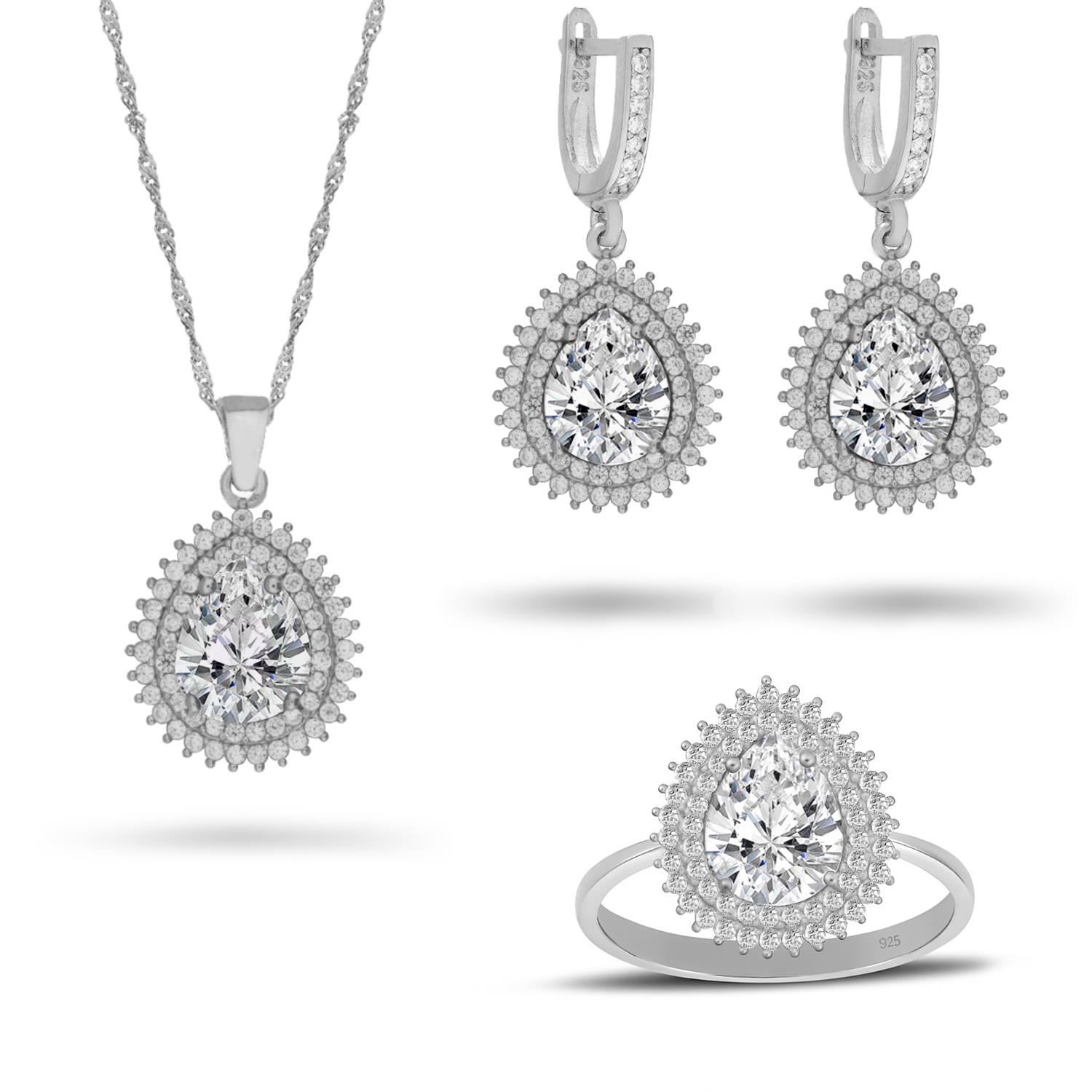 925 Ayar Gümüş Çift Sıra Taşlı Damla Takı Seti