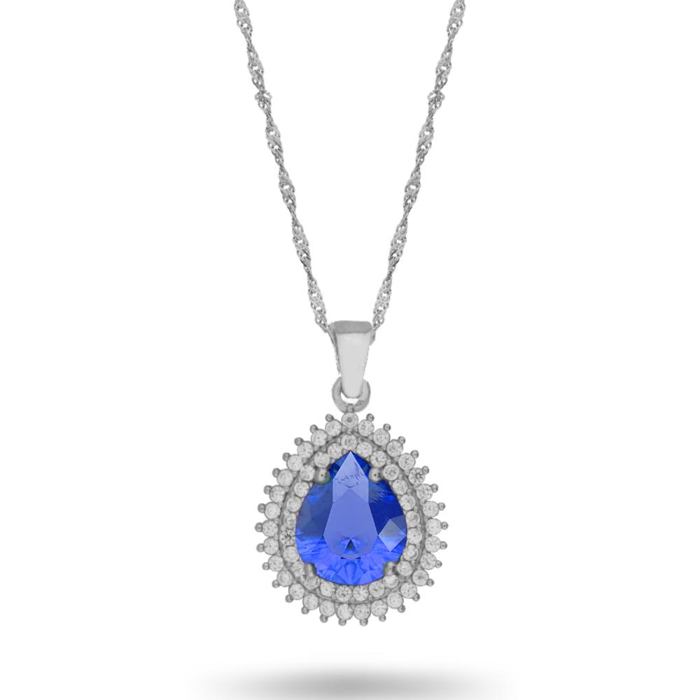 925 Ayar Gümüş Çift Sıra Taşlı Kristal Safir Damla Kolye