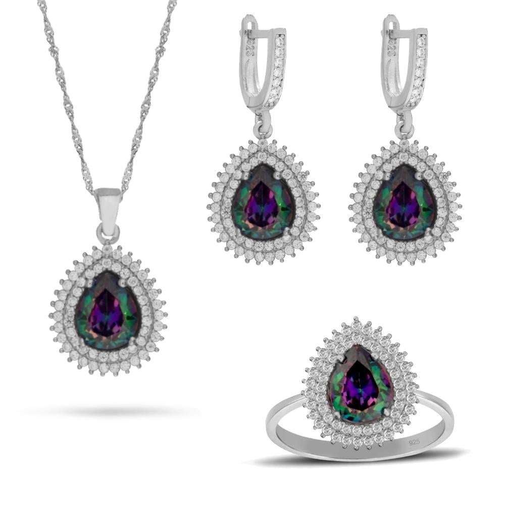 925 Ayar Gümüş Çift Sıra Taşlı Mistik Topaz Damla Takı Seti