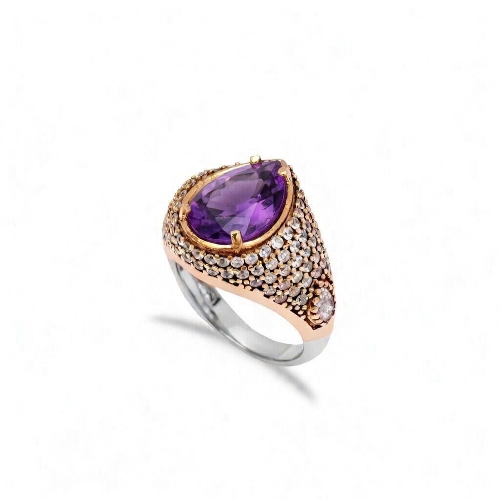 925 Ayar Gümüş Damla Ametist Damla Taşlı Otantik Yüzük