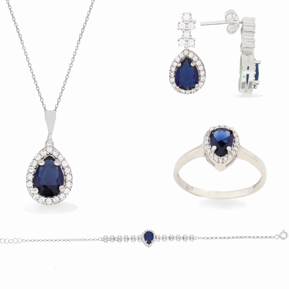 925 Ayar Gümüş Damla Desen Safir Taşlı Zarif Set