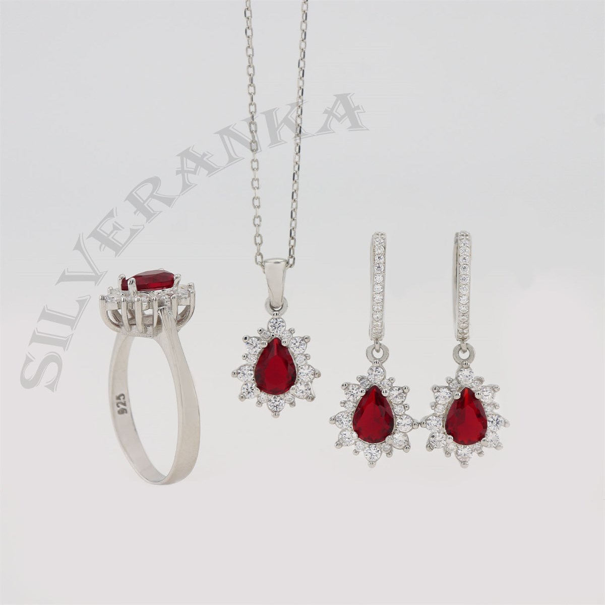 925 Ayar Gümüş Damla Kırmızı Taşlı Anturaj Set