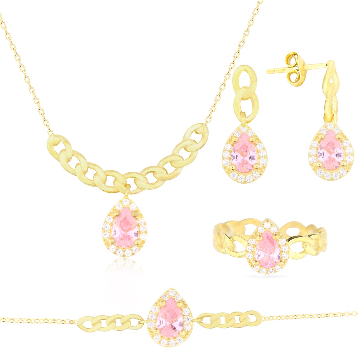 925 Ayar Gümüş Damla Pembe Taş Takı Seti Zincir Detay