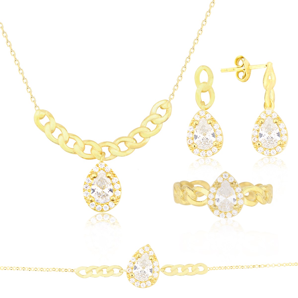 925 Ayar Gümüş Damla Taş Takı Seti Zincir Detay