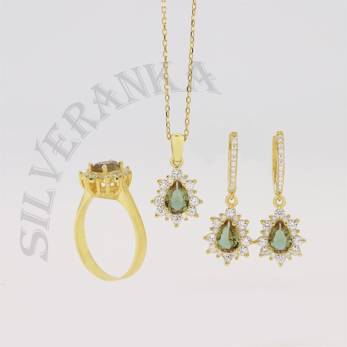 925 Ayar Gümüş Damla Zultanıt Taşlı Gold Anturaj Set