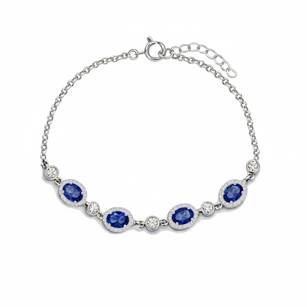 925 Ayar Gümüş Elegance Mavi Oval Detaylı Bileklik