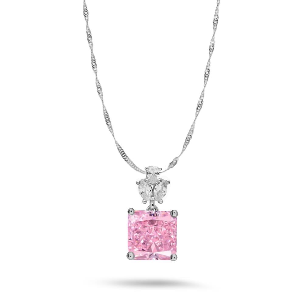 925 Ayar Gümüş Elmas Kesim Pembe Taşlı Kolye