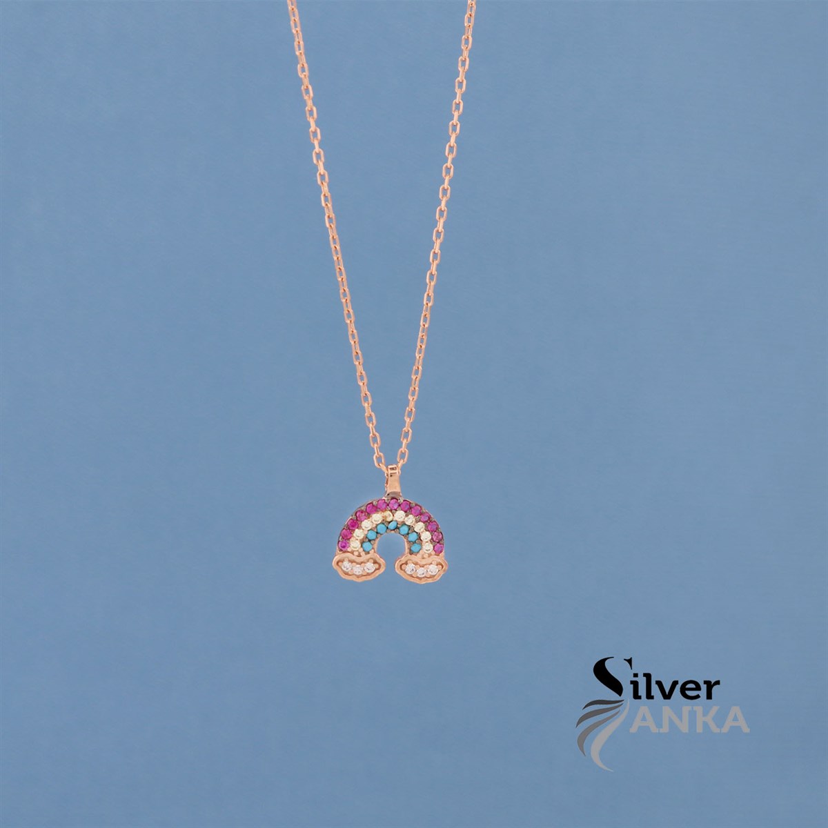 925 Ayar Gümüş Gökkuşağı Renkli Kolye