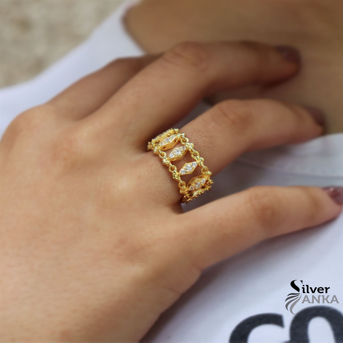 925 Ayar Gümüş Gold Hasır Yüzük