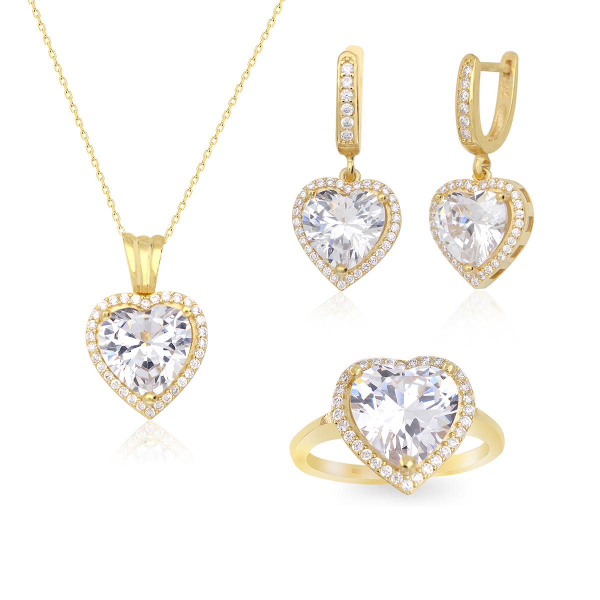 925 Ayar Gümüş Gold Pırlanta Montür Kalp Takı Seti