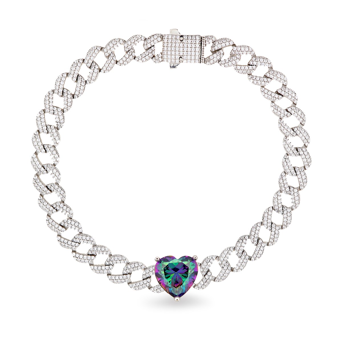 925 Ayar Gümüş Gurmet Zincir Mistik Topaz Kalp Detay Rodyumlu Gümüş Bileklik