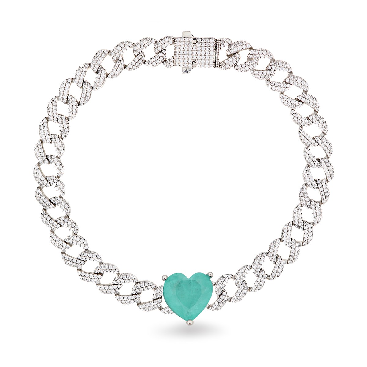 925 Ayar Gümüş Gurmet Zincir Paraiba Kalp Detay Rodyumlu Gümüş Bileklik