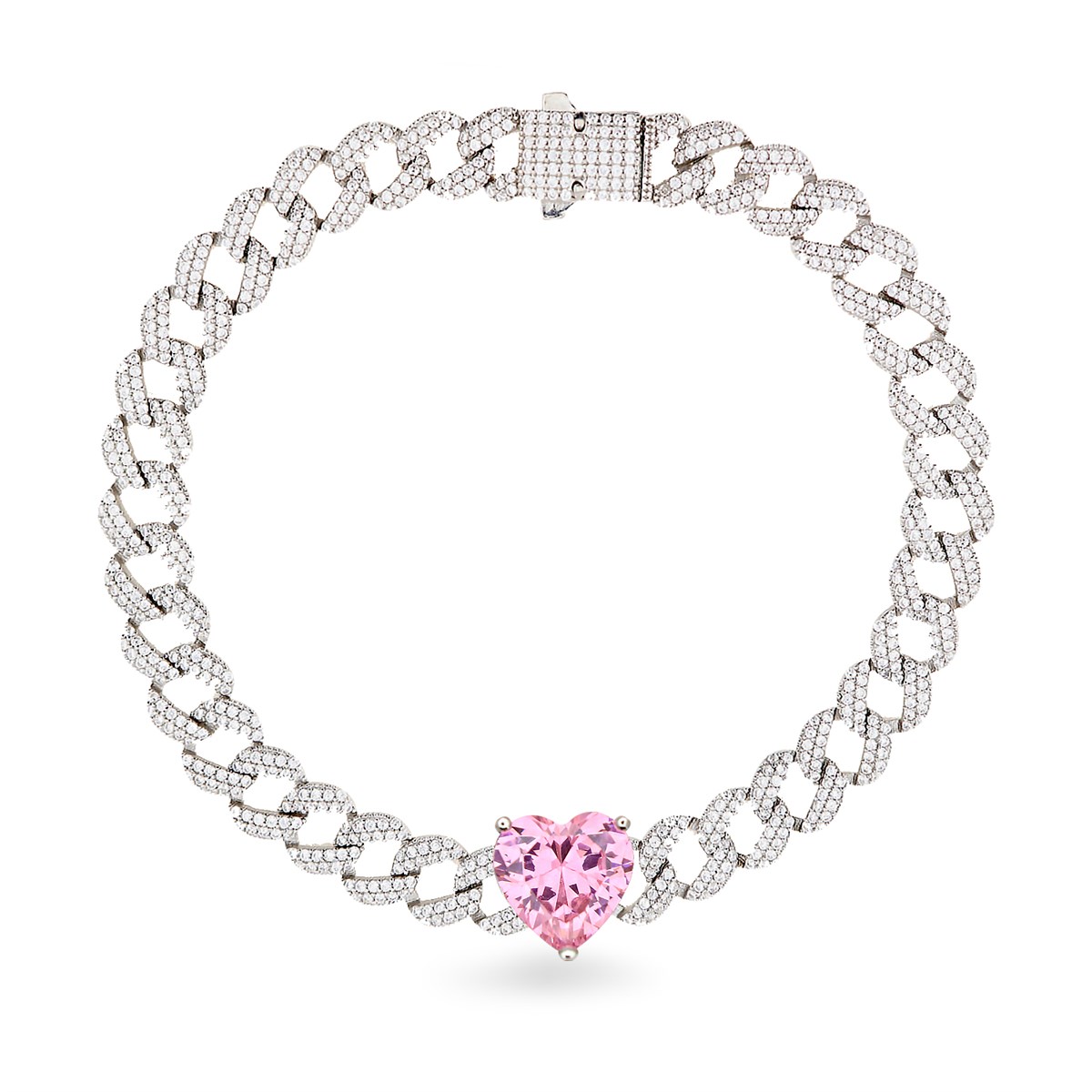 925 Ayar Gümüş Gurmet Zincir Pembe Kalp Detay Rodyumlu Gümüş Bileklik