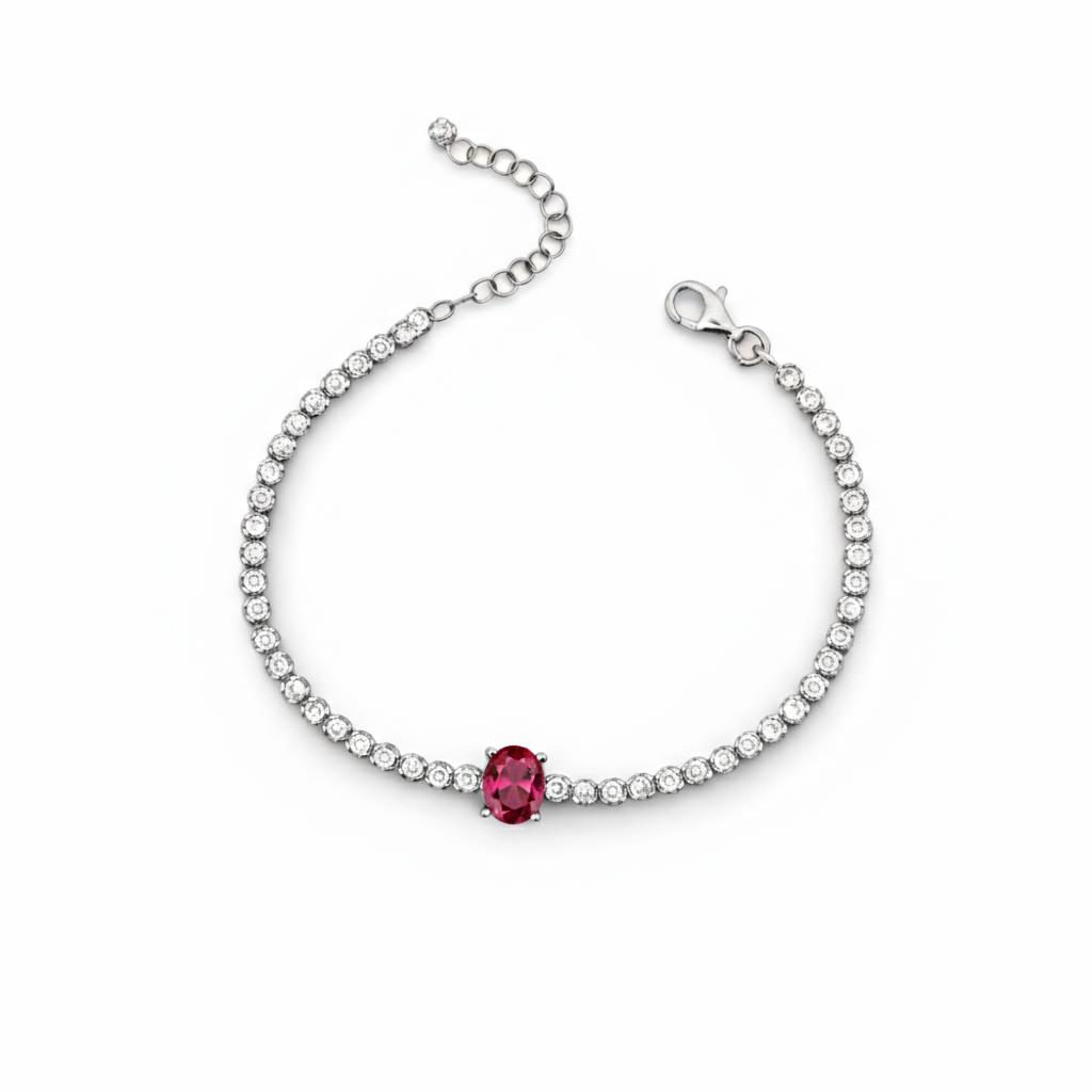 925 Ayar Gümüş Işıltılı Kırmızı Oval Taşlı Tenis Bileklik