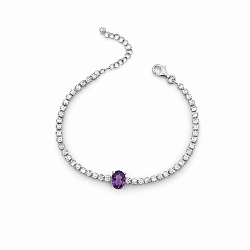 925 Ayar Gümüş Işıltılı Oval Ametist Taşlı Tenis Bileklik