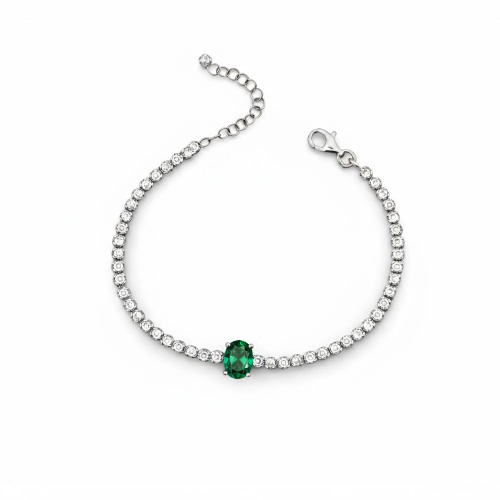 925 Ayar Gümüş Işıltılı Oval Zümrüt Yeşili Taşlı Tenis Bileklik