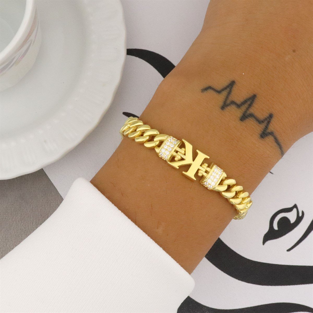 925 Ayar Gümüş K HArfi Gold Bileklik