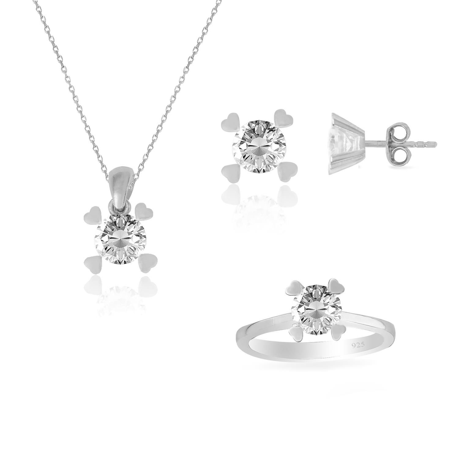 925 Ayar Gümüş Kalp Detaylı Tektaş Takı Seti