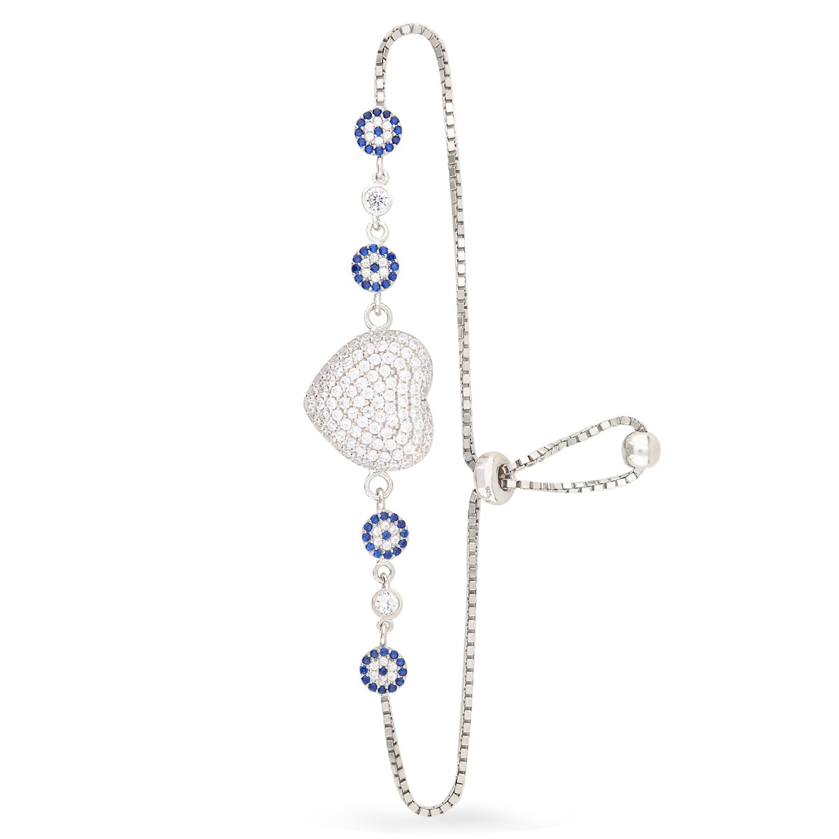 925 Ayar Gümüş Kalp Nazar Detay Asansörlü Bileklik