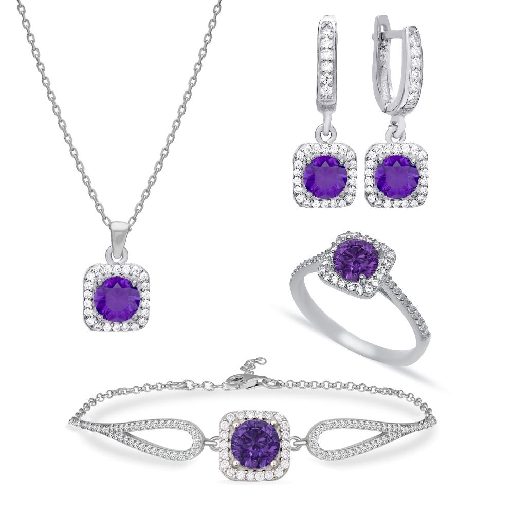 925 Ayar Gümüş Kare Ametist Taşlı Takı Seti