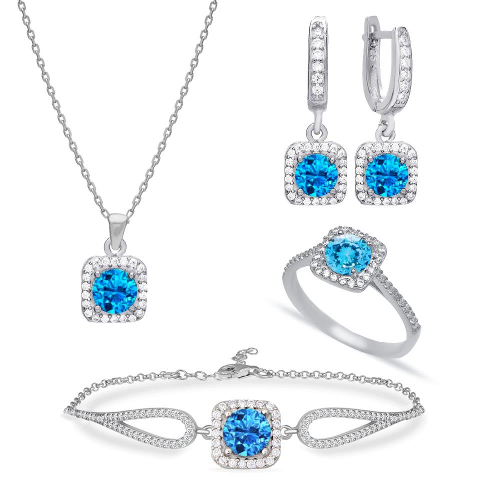 925 Ayar Gümüş Kare Aqua Taşlı Takı Seti