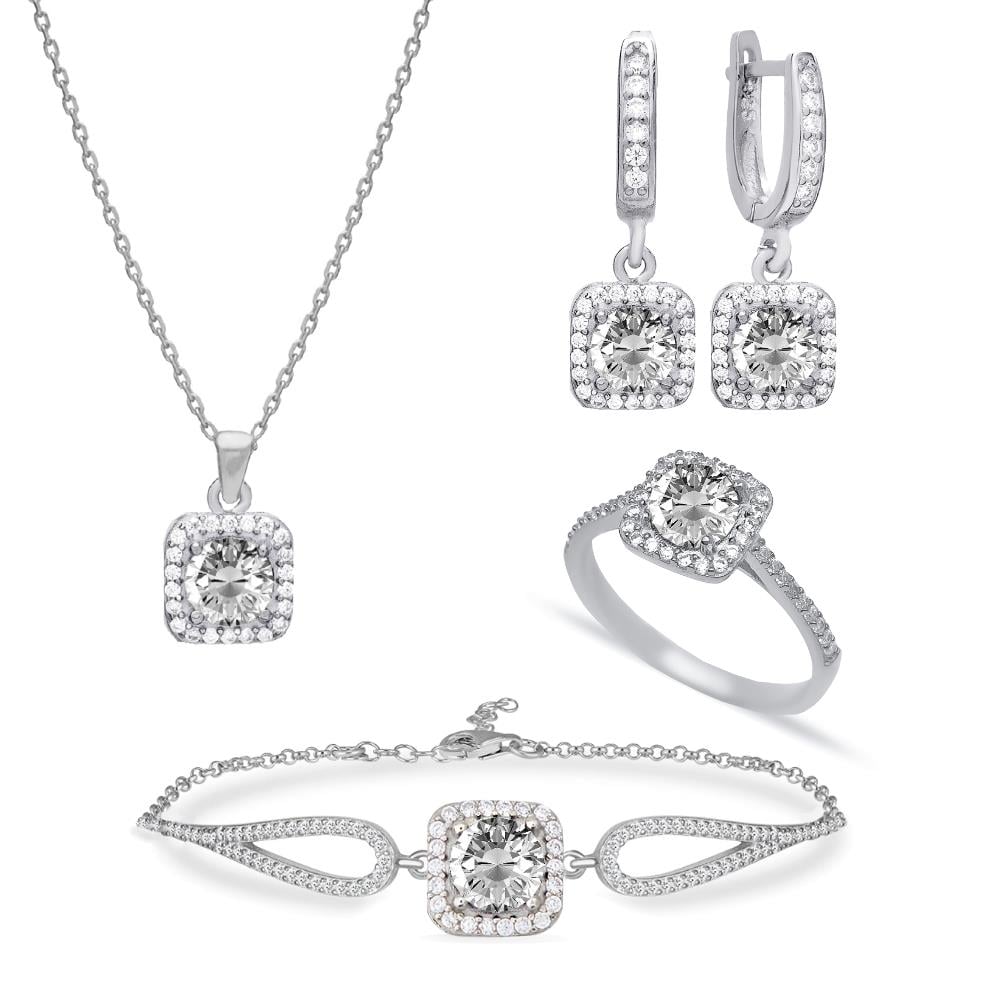 925 Ayar Gümüş Kare Beyaz Taşlı Takı Seti