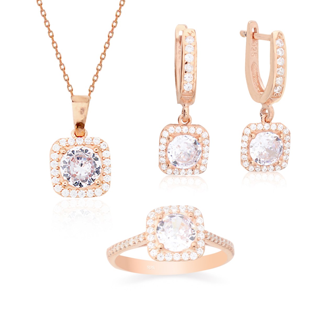 925 Ayar Gümüş Kare Pırlanta Modeli Takı Seti