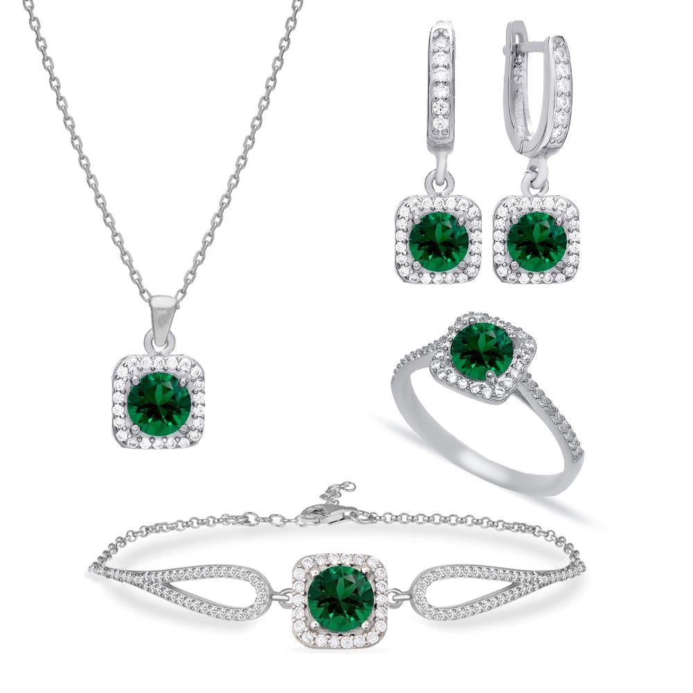 925 Ayar Gümüş Kare Zümrüt Taşlı Takı Seti