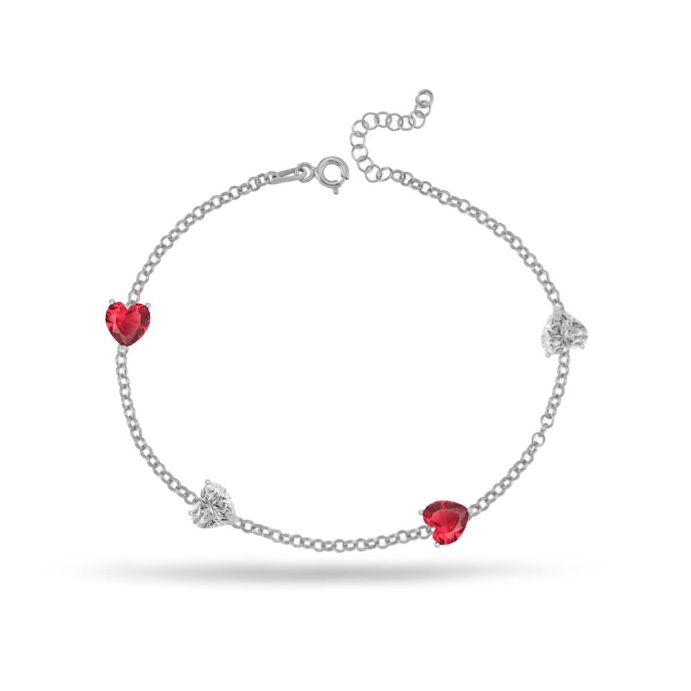 925 Ayar Gümüş Kırmızı Beyaz Taşlı Zarif Kalp Bileklik