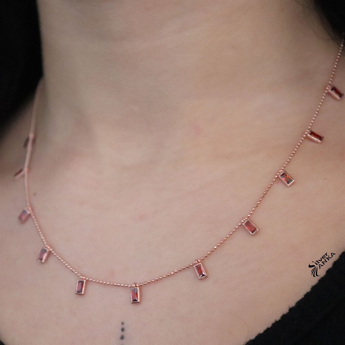 925 Ayar Gümüş Kırmızı Taşlı Rose Gümüş Kolye
