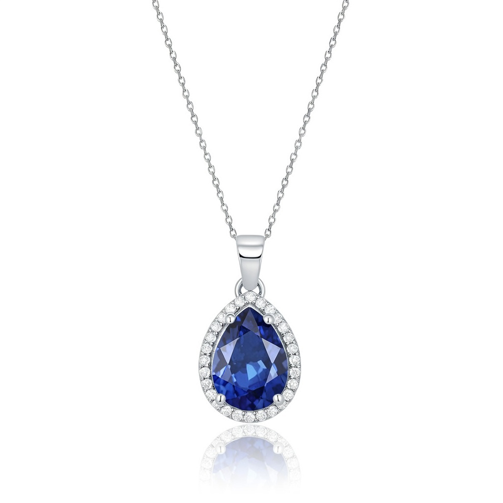 925 Ayar Gümüş Kristal Safir Su Damlası Kolye